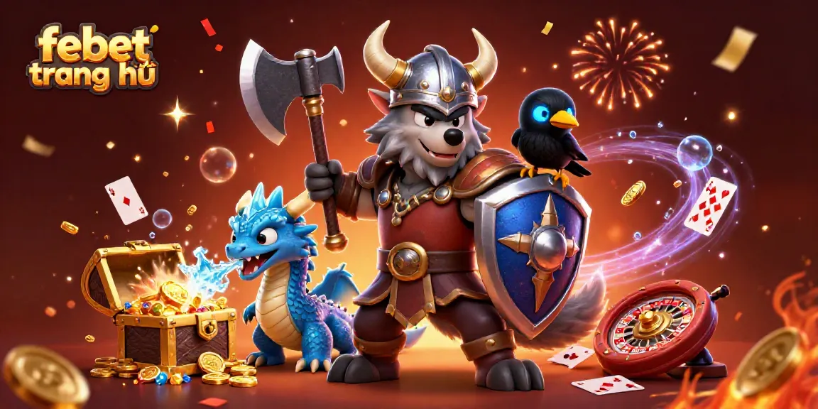 Experience the exciting febet trang chủ atmosphere with a Viking warrior and dragon amidst casino elements.
