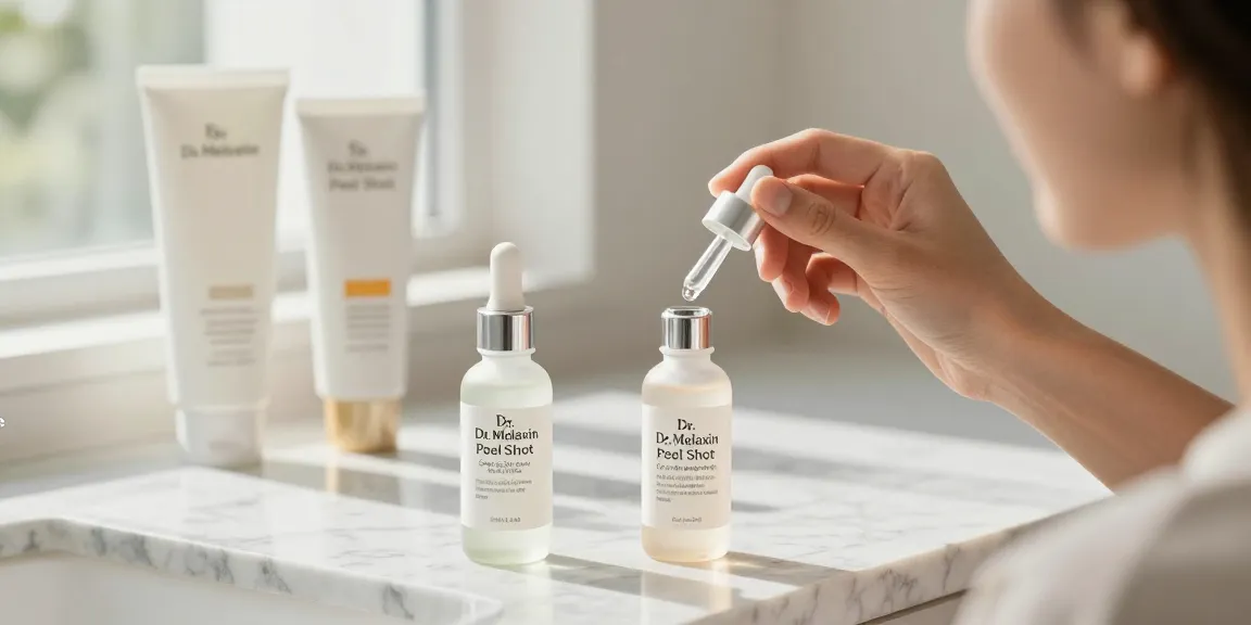Dr. Melaxin Peel Shot op een marmeren aanrecht met een persoon die het ampoule aanbrengt voor een stralende huid.