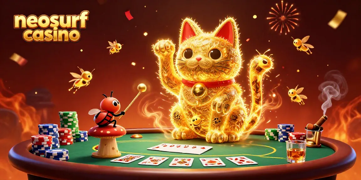 Bet on your winnings at neosurf casino with vibrant golden fireflies and poker elements creating a festive atmosphere.
