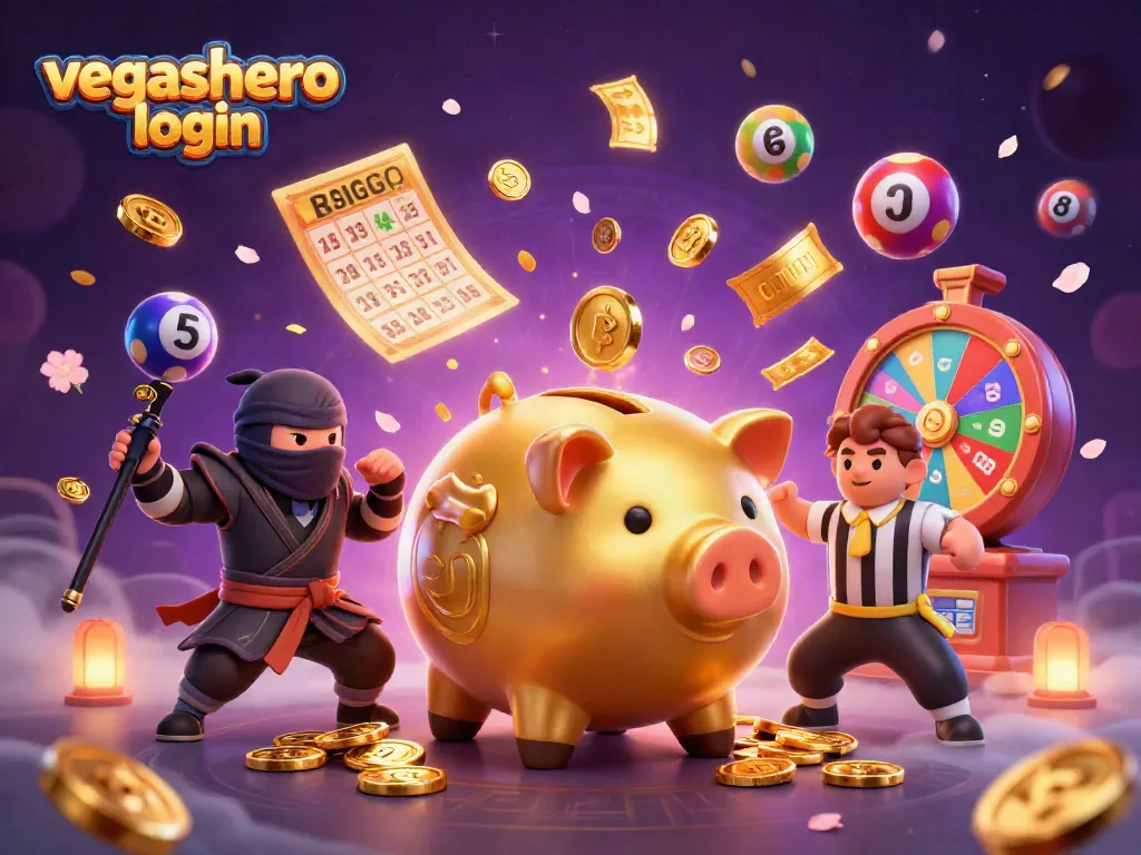 Engage with the vegashero login scene featuring a golden piggy bank sumo wrestler amidst colorful lottery elements.