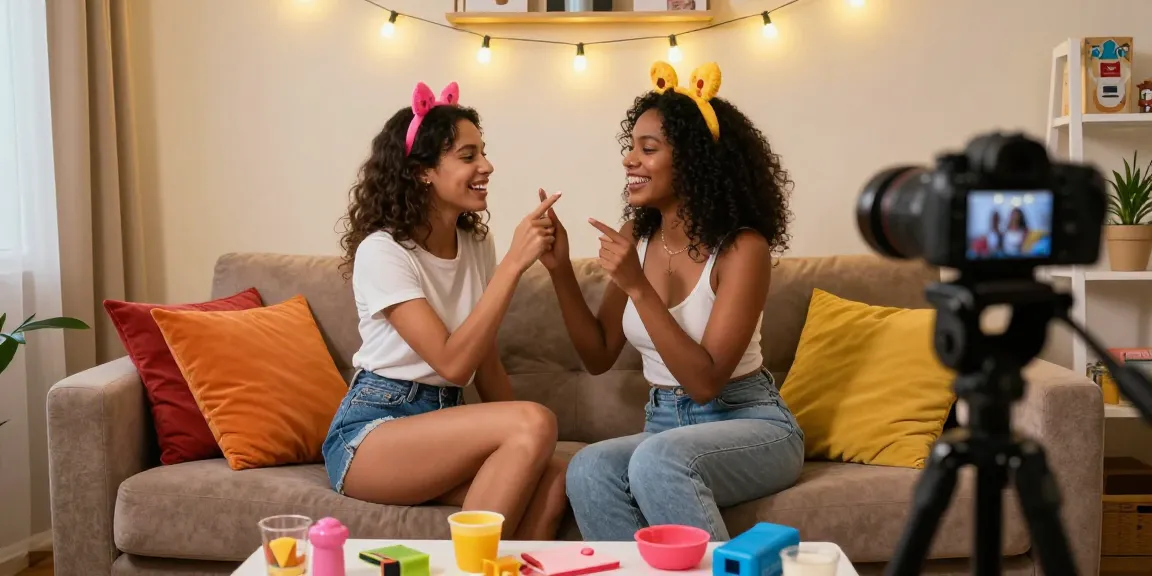 Amateur porn scene featuring models in a cozy home studio setting, showcasing playful intimacy and colorful props.