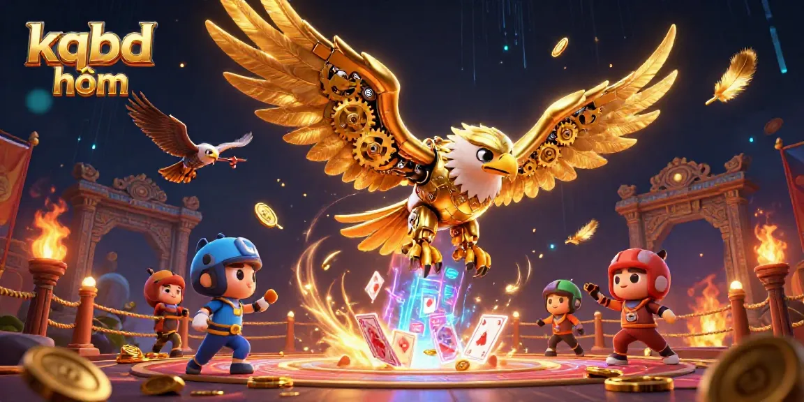 Experience thrilling action with kqbd hôm, featuring a dynamic cybernetic eagle amidst a cascade of holographic playing cards.