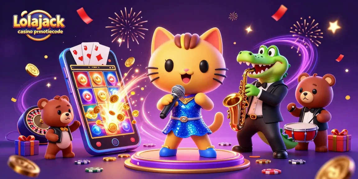 Experience the excitement with Lolajack casino promotiecode, surrounded by vibrant casino elements and characters.