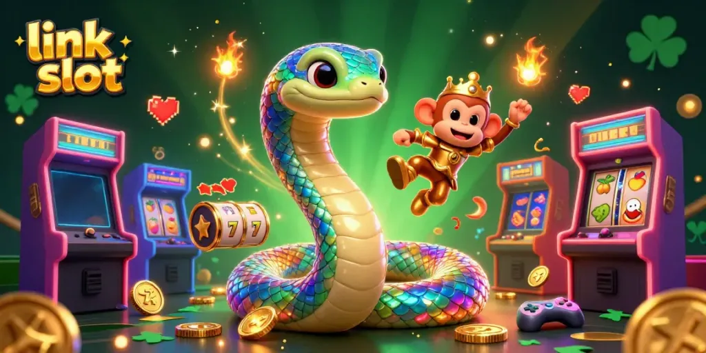 Experience the thrill of link slot gameplay with vibrant characters, arcade machines, and magical treasures in this casino-themed illustration.