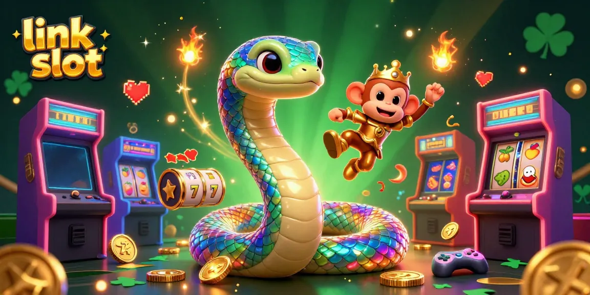 Experience the thrill of link slot gameplay with vibrant characters, arcade machines, and magical treasures in this casino-themed illustration.