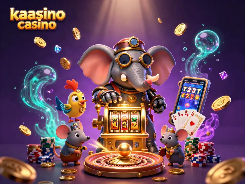 Engage with the vibrant world of kaasino casino through a dynamic 3D illustration of a steampunk elephant engaging with gaming elements.