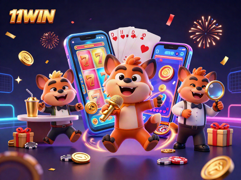 Experience 11WIN excitement with hyenas in a vibrant comedy casino scene, mixing drinks and sharing laughs.