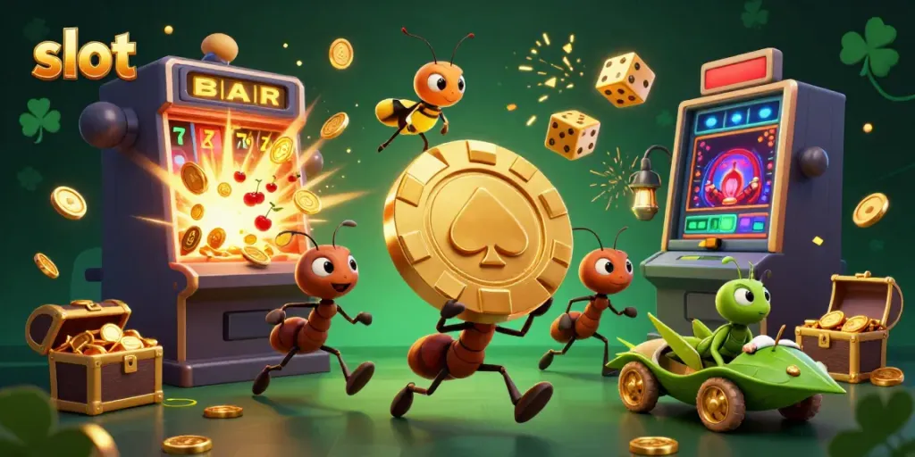 Experience thrilling slot gameplay with captivating cartoon heist by ants, firefly lookout, and grasshopper driver.