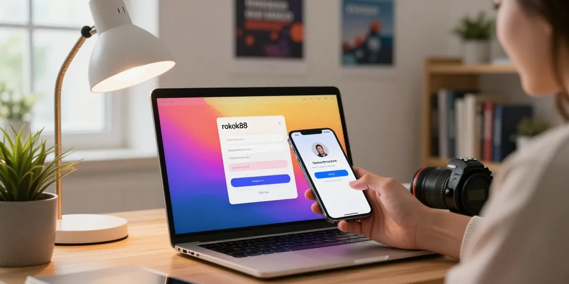 rokok88 login on a smartphone in a cozy home office setting, showcasing user-friendly design and modern decor.