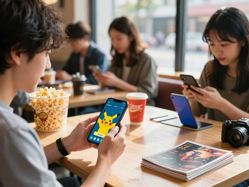 Excited user ready to download the app on their smartphone at a café, surrounded by entertainment props.