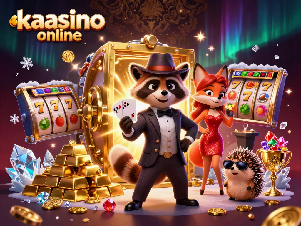 Kaasino online excitement with cartoon raccoon, fox, and hedgehog surrounded by slot reels and treasures.