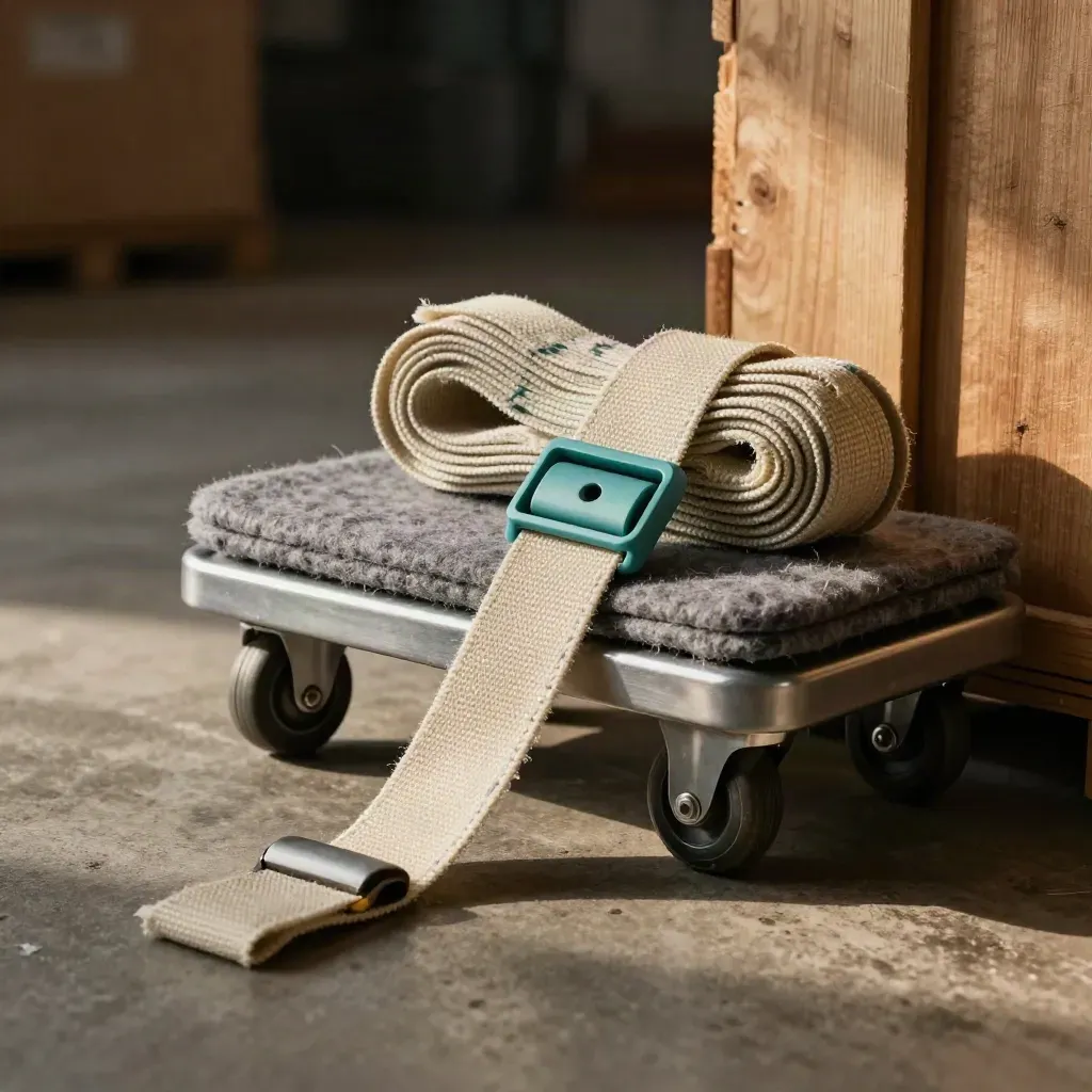 Meubeldollies, viltpads en hijsband op beton in dramatisch ochtendlicht
