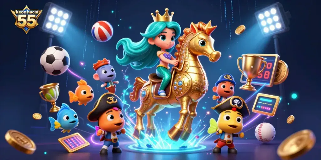 Experience thrilling action with keonhacai 55 as a mermaid princess and her seahorse embark on a betting adventure.