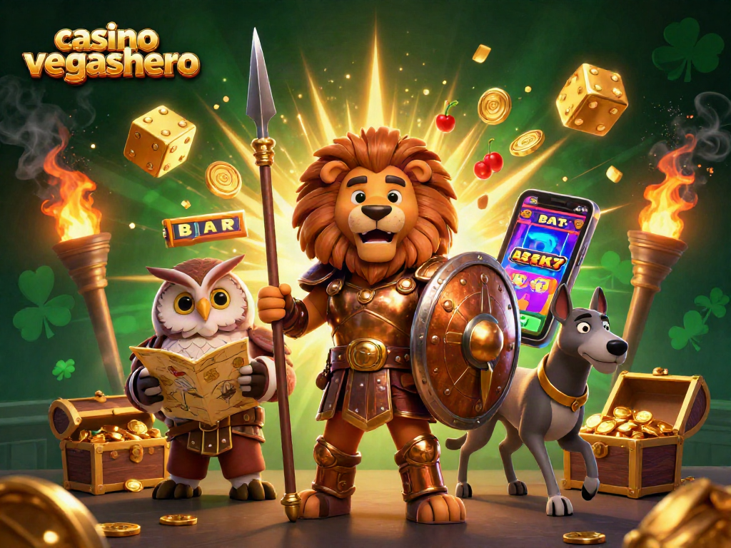 Engage with casino vegashero in a vibrant 3D illustration featuring heroic characters and dynamic gaming elements.