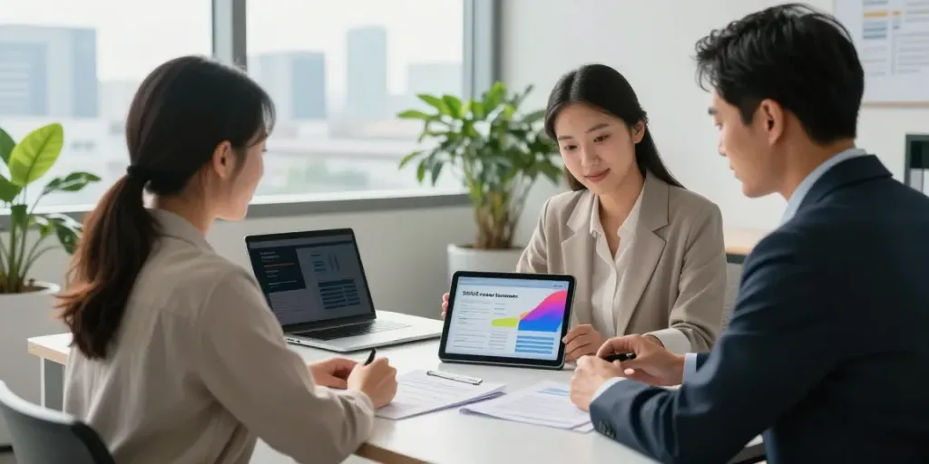 Edmonton loans consultation in a modern office with a couple and financial advisor.