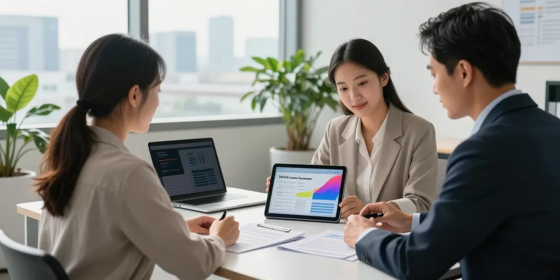 Edmonton loans consultation in a modern office with a couple and financial advisor.
