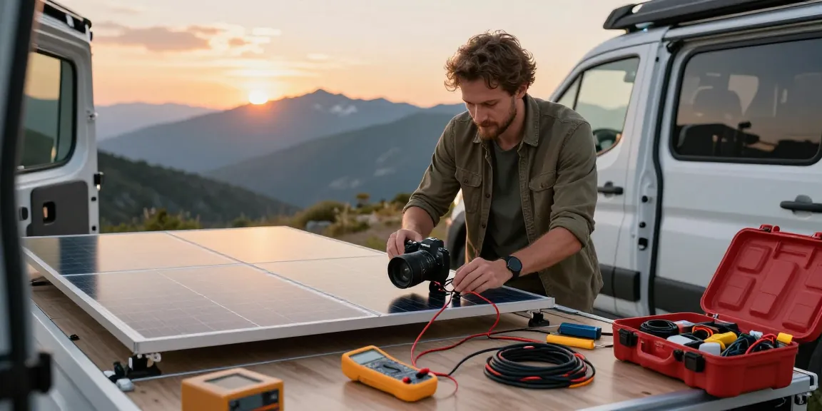Setting up campervan electrics at https://vanlifetribe.com with stunning mountain backdrop.