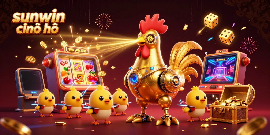 Experience the thrill of sunwin chính chủ with a vibrant casino scene featuring a golden rooster robot and dynamic gaming elements