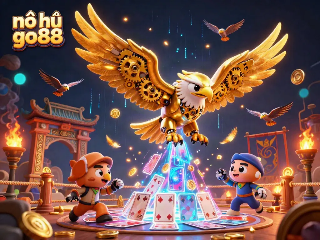 Nổ hũ go88 showcases an electrifying casino atmosphere with a cybernetic golden eagle amidst playing cards.