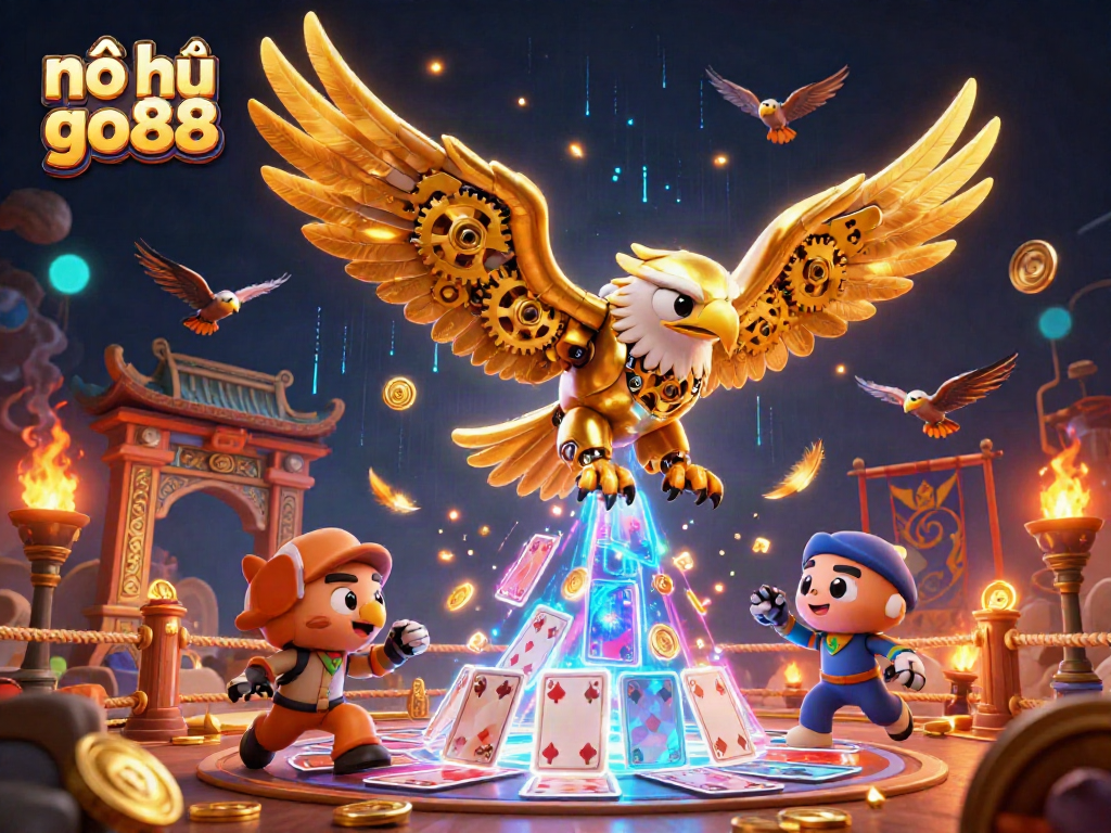 Nổ hũ go88 showcases an electrifying casino atmosphere with a cybernetic golden eagle amidst playing cards.