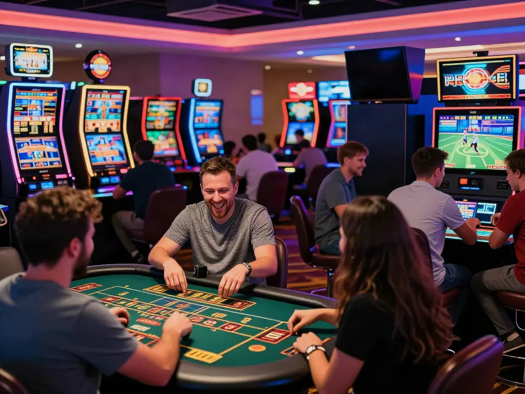 Man88 players enjoying an exciting online gaming experience in a lively casino atmosphere.
