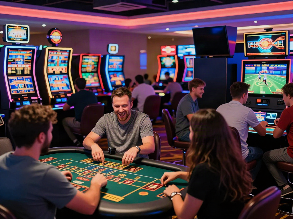 Man88 players enjoying an exciting online gaming experience in a lively casino atmosphere.