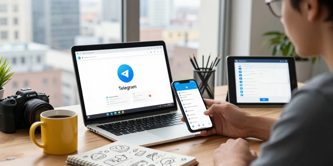 Download Telegram on multiple devices in a tech workspace setting.