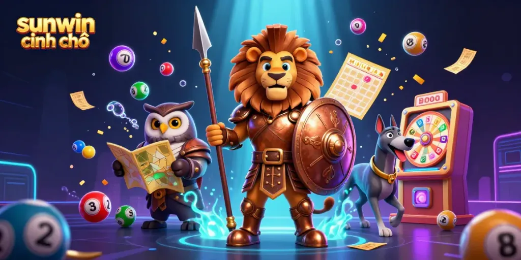 Engage with sunwin chính chủ for a dynamic gaming experience illustrated with vibrant energy, characters, and gambling elements.