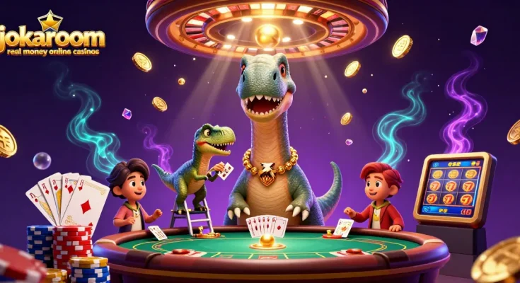 Experience the thrill of jokaroom real money online casinos with a vibrant animated casino scene.