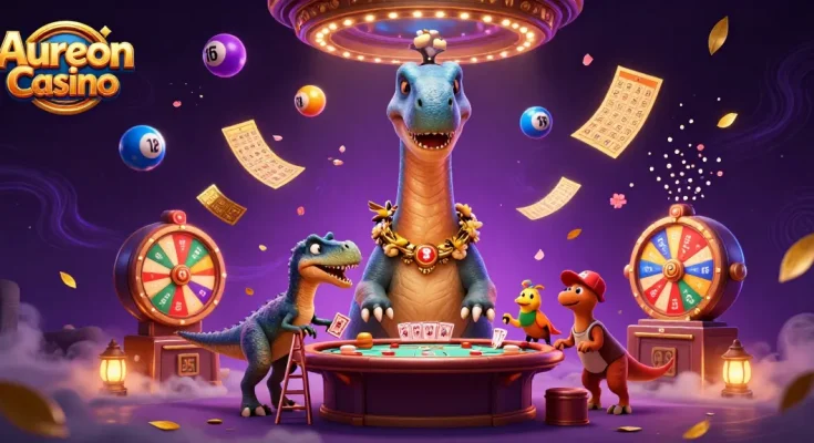 Aureon Casino features a whimsical scene with a giant brontosaurus and raptor dealing cards surrounded by vibrant gaming elements.