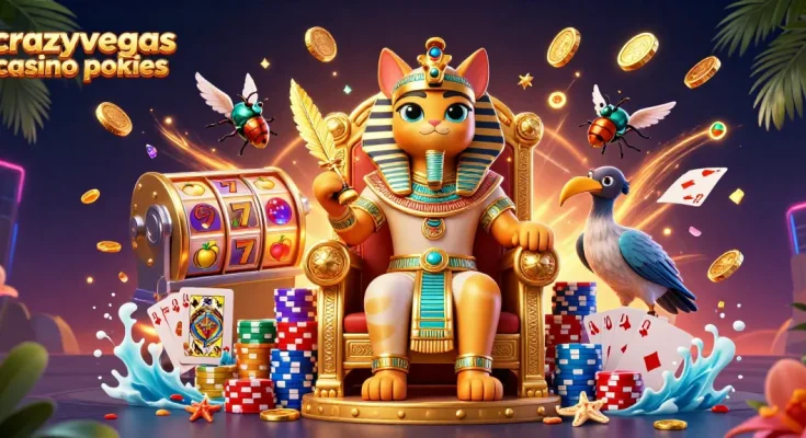 Engage with crazyvegas casino pokies, featuring an Egyptian pharaoh cat and scribe in an immersive 3D scene